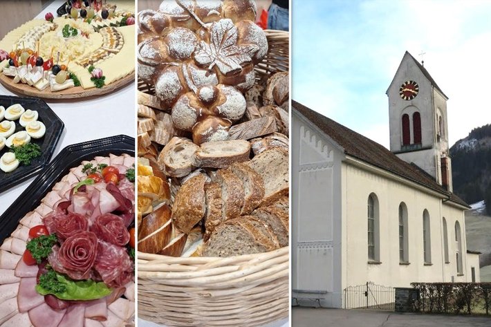 Frühstücksbuffet, Brotkorb und Kirche Trachslau